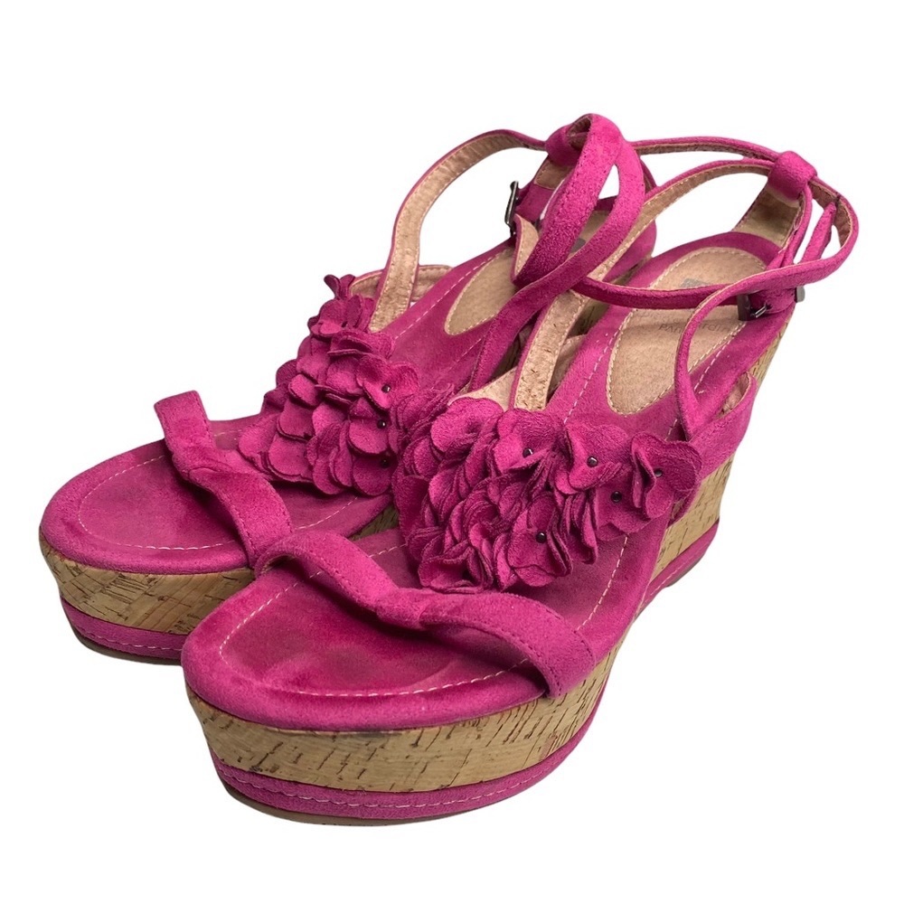 Vintage: Pierre Cardin ♚ Suede Floral Embellish Platform Wedge Sandals ♚ Magenta - Picture 8 of 16